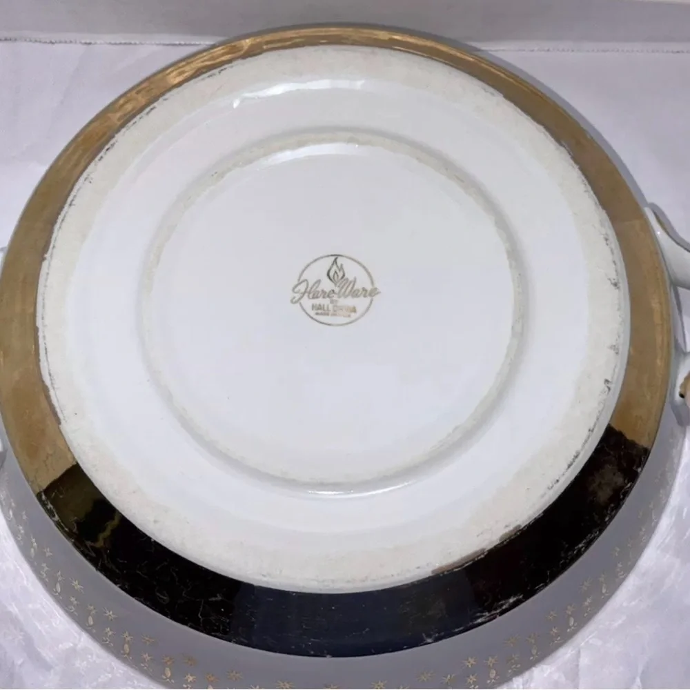 Hall China Starburst Flare Ware Casserole Pedestal Set Atomic MCM Gold Lid Dish